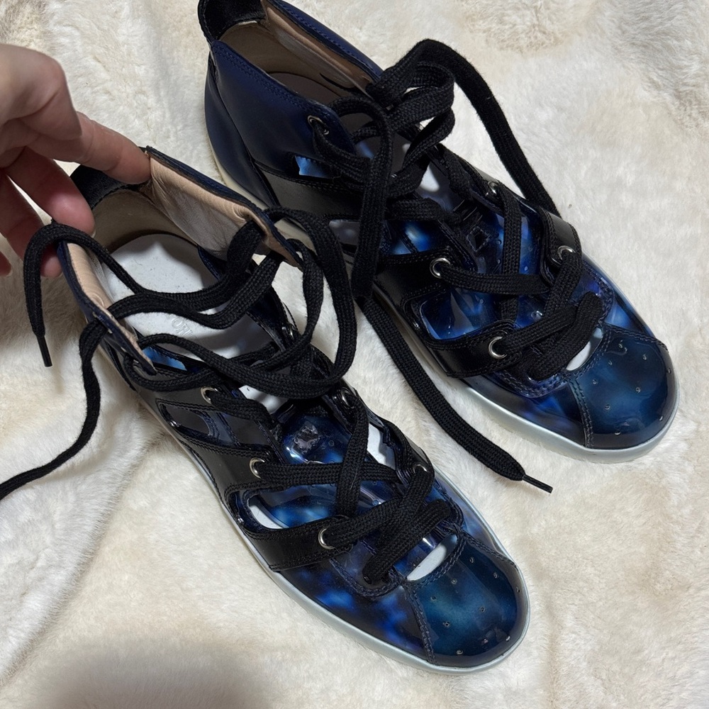 Emporio Armani Blue Patent Lace-Up Sneakers with Black Trim
